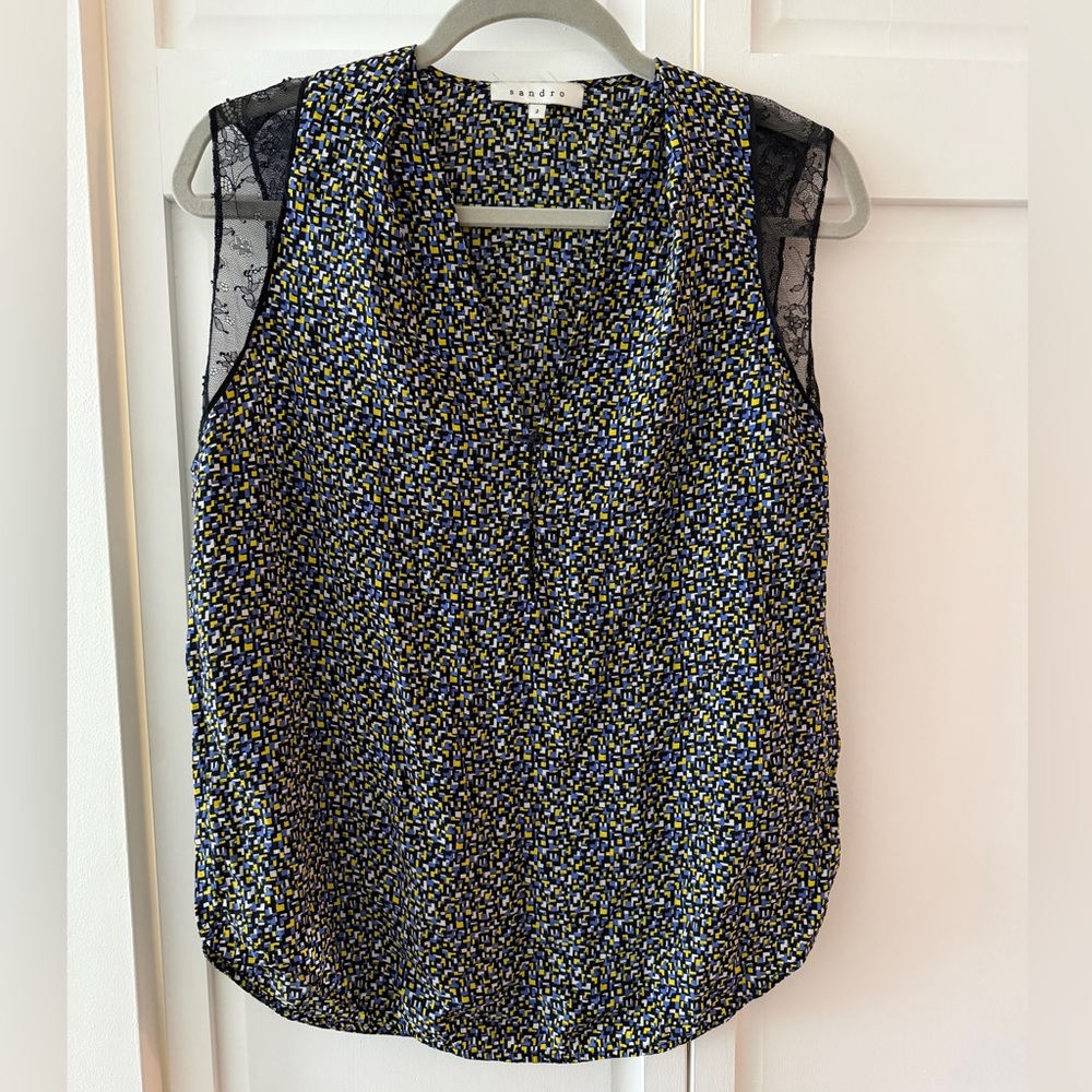 NWOT Sandro Silk Blouse in Graphic Print yellow blue white with Lace Detail – M